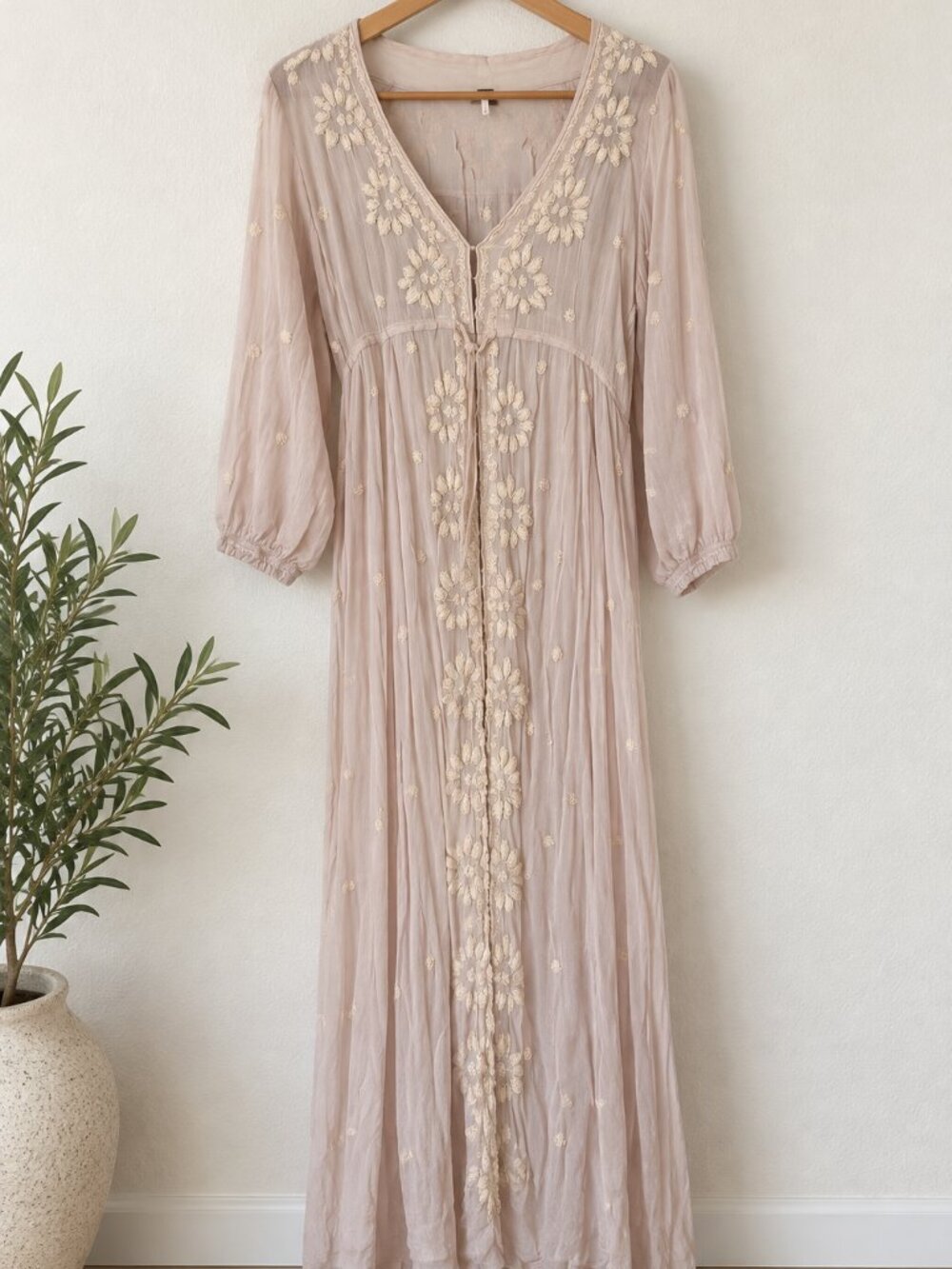 Free People Embroidered Sheer Maxi Small Dress Floral Boho Romantic Blush